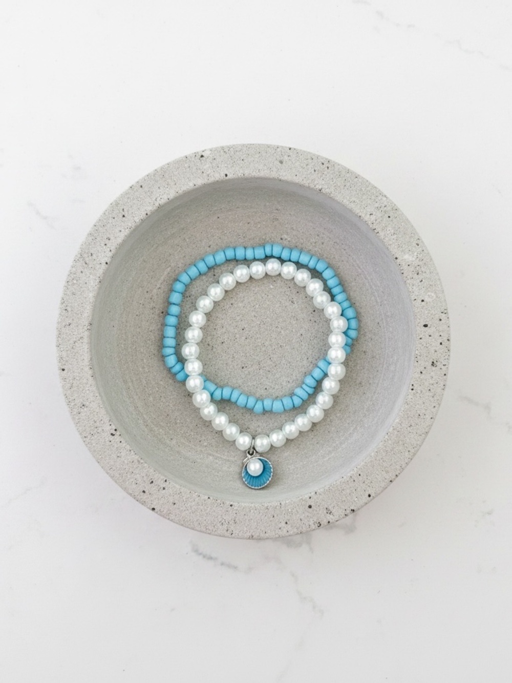 Ocean Air Bracelet Set | Blue Seed Bead & Pearl Shell Charm | Freedom & Breath